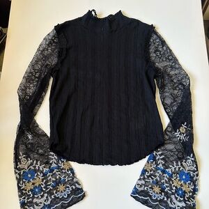 Free People  ‘Don’t Blame Me’ Black Lace Embroidered Bell Sleeves Blouse NWOT ~M
